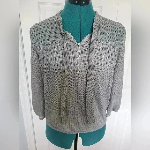 LOFT XS Grey and Black patterned bow neck blouse - Picture 2 of 4